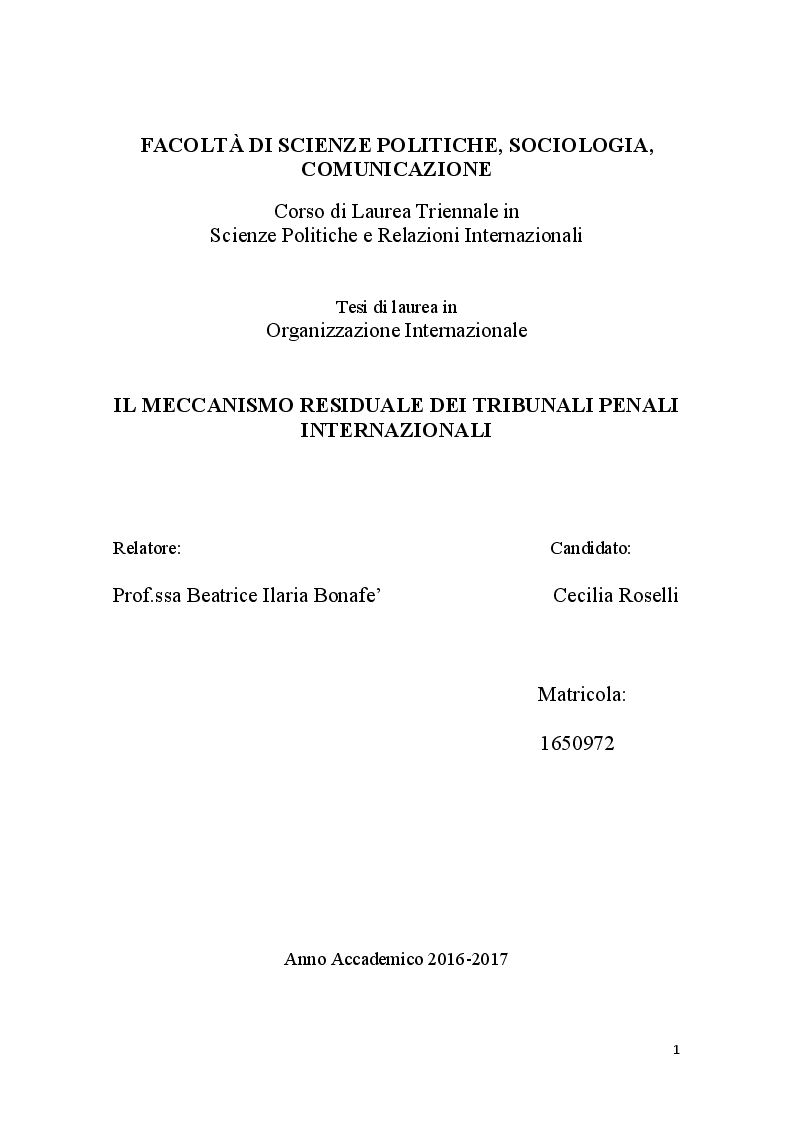Anteprima della tesi: Il Meccanismo Residuale dei tribunali penali internazionali, Pagina 1