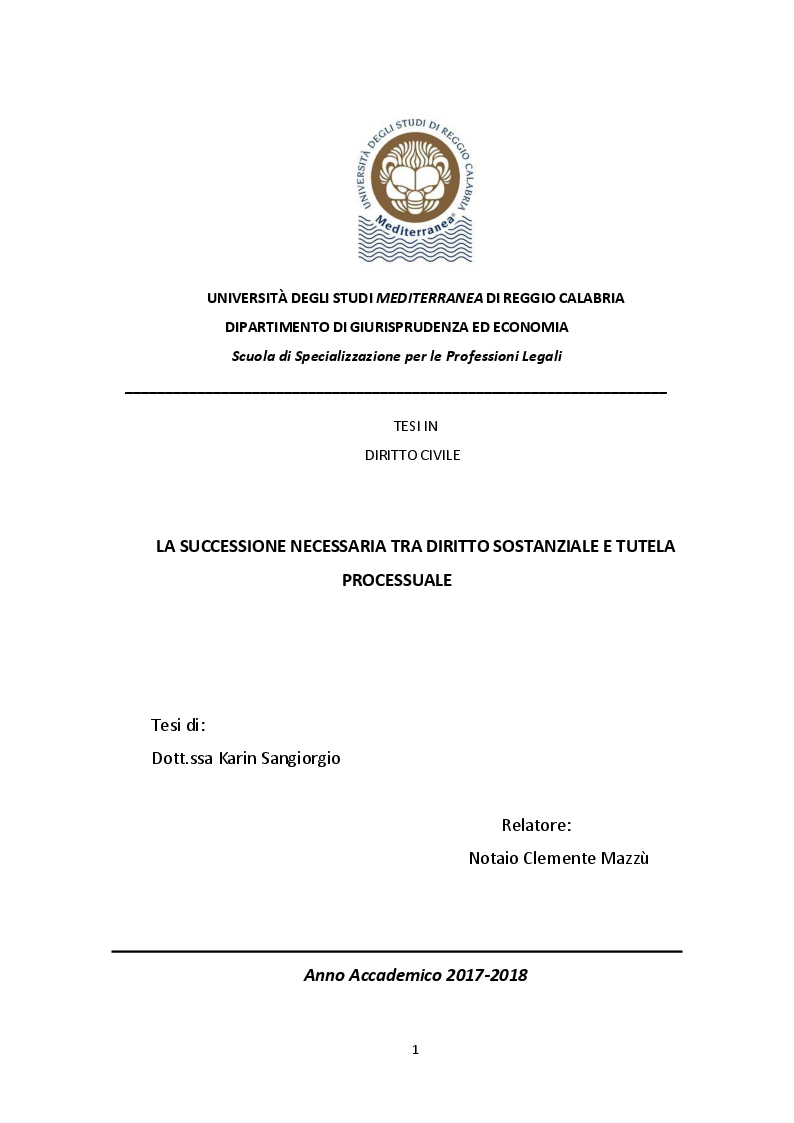 Anteprima della tesi: La successione necessaria tra diritto sostanziale e tutela processuale, Pagina 1