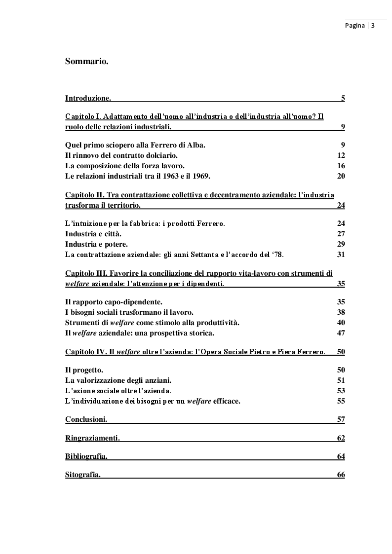 Indice della tesi: La gestione del personale alla Ferrero: un modello italiano di welfare aziendale (1959 – 1983), Pagina 1
