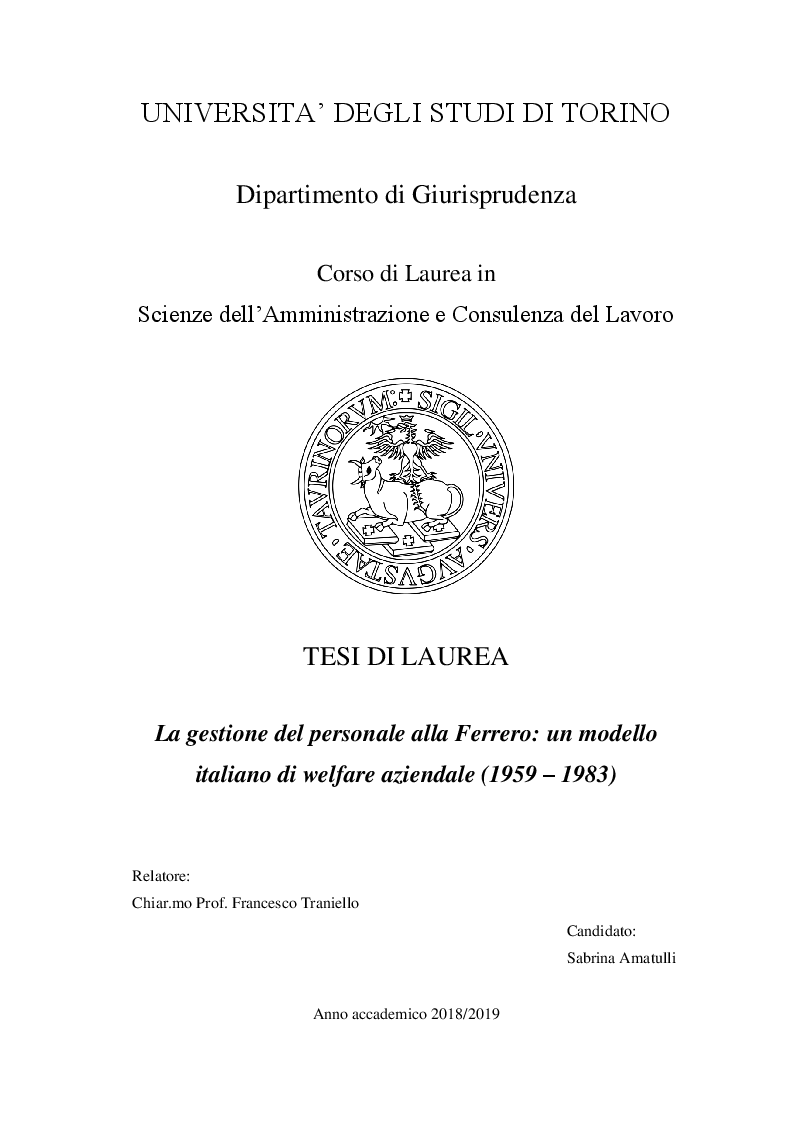 Anteprima della tesi: La gestione del personale alla Ferrero: un modello italiano di welfare aziendale (1959 – 1983), Pagina 1