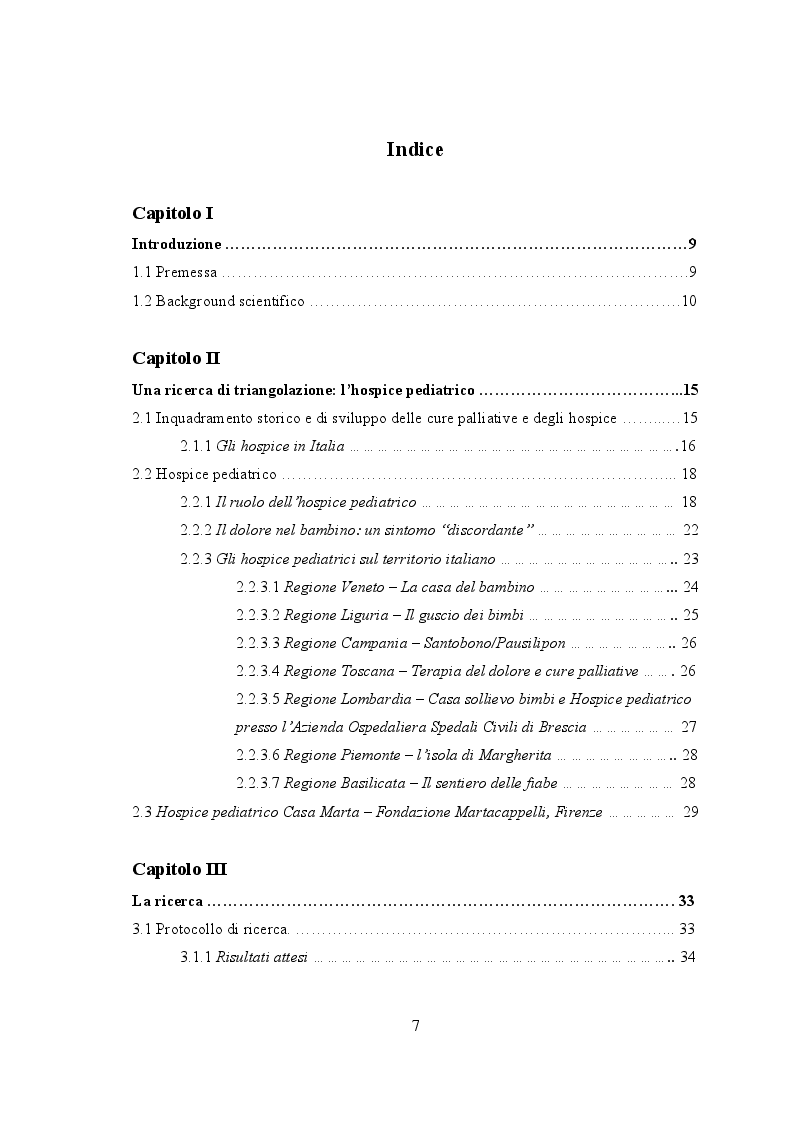 Indice della tesi: Hospice pediatrici: una ricerca di triangolazione sull'importanza dell'assistenza nel fine vita di un bambino, Pagina 1