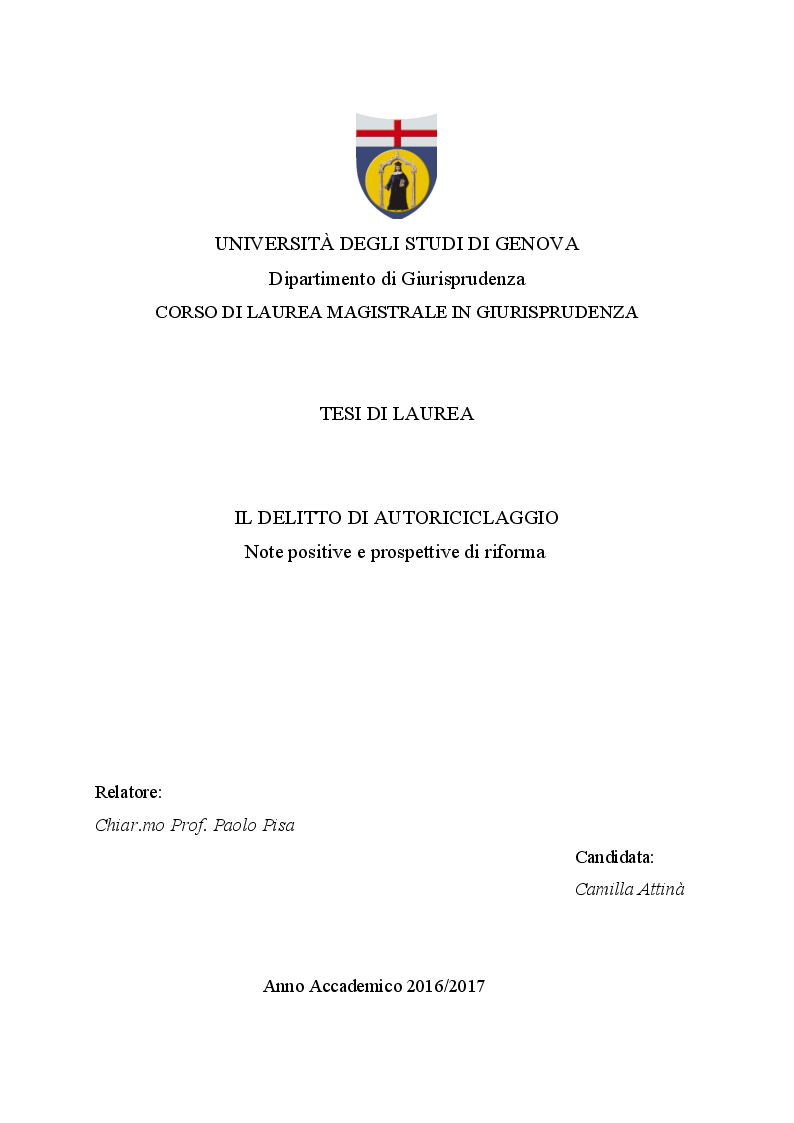Anteprima della tesi: Il delitto di autoriciclaggio, Pagina 1