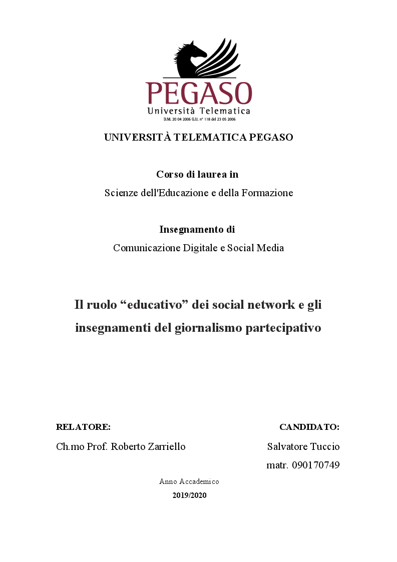 Anteprima della tesi: Il ruolo “educativo” dei social network e gli insegnamenti del giornalismo partecipativo, Pagina 1