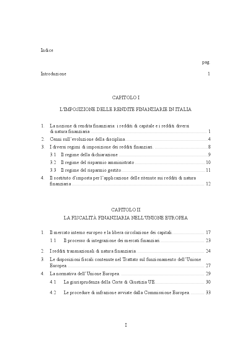 Indice della tesi: L'imposizione delle rendite finanziarie nell'ambito della normativa eurounitaria, Pagina 1