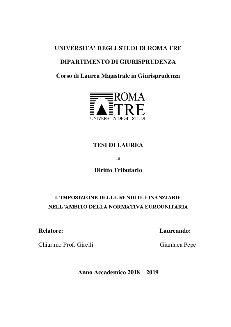 Anteprima della tesi: L'imposizione delle rendite finanziarie nell'ambito della normativa eurounitaria, Pagina 1