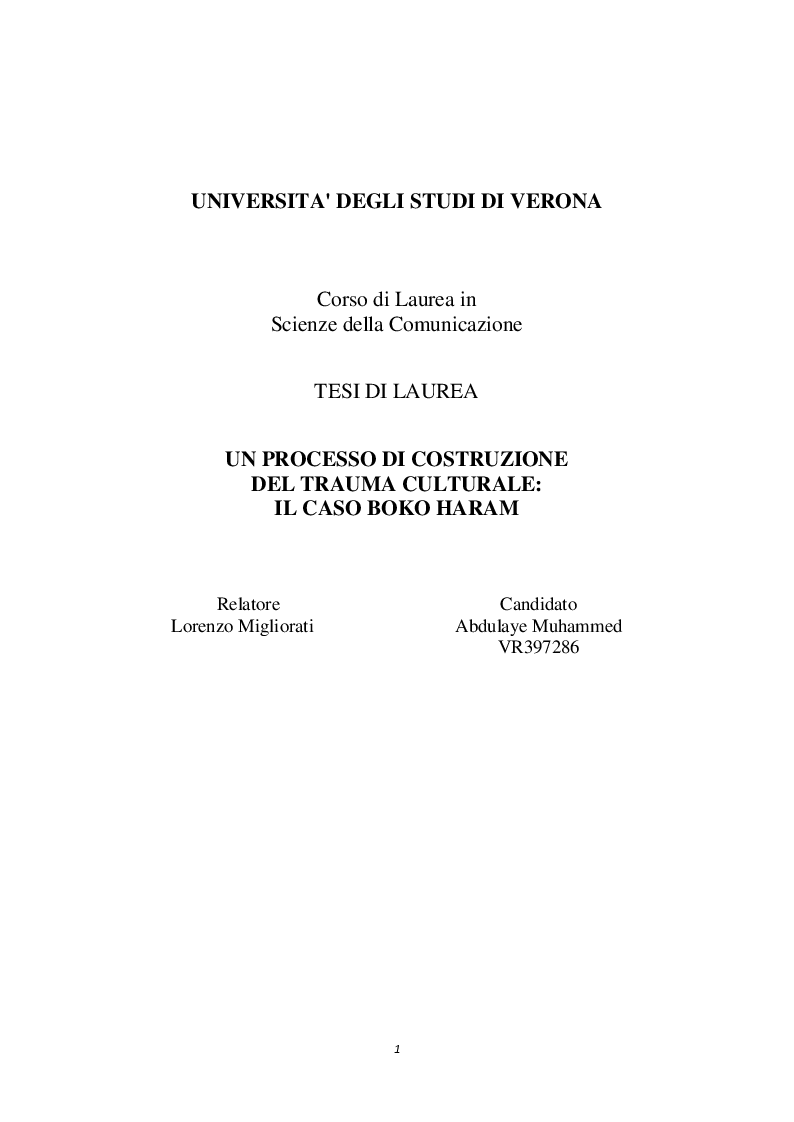 Anteprima della tesi: Un processo di costruzione del trauma culturale: il caso di Boko Haram, Pagina 1