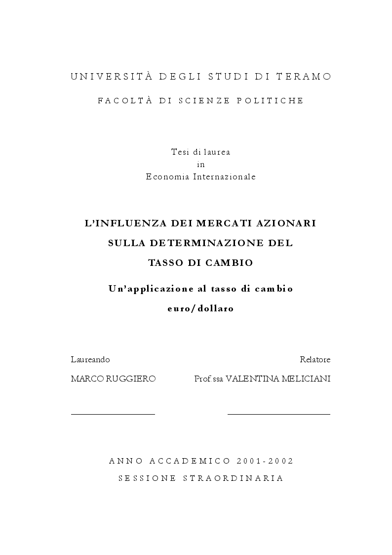 Anteprima della tesi: L’influenza dei mercati azionari sulla determinazione del tasso di cambio. Un’applicazione al tasso di cambio euro/dollaro, Pagina 1