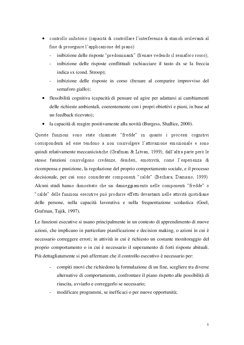 Anteprima della tesi: Contributo alla taratura italiana di un test breve per la valutazione delle funzioni esecutive: Hayling & Brixton Test. Dati Preliminari, Pagina 4