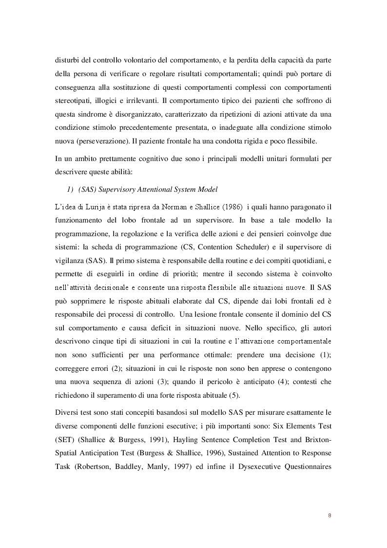 Anteprima della tesi: Contributo alla taratura italiana di un test breve per la valutazione delle funzioni esecutive: Hayling & Brixton Test. Dati Preliminari, Pagina 6