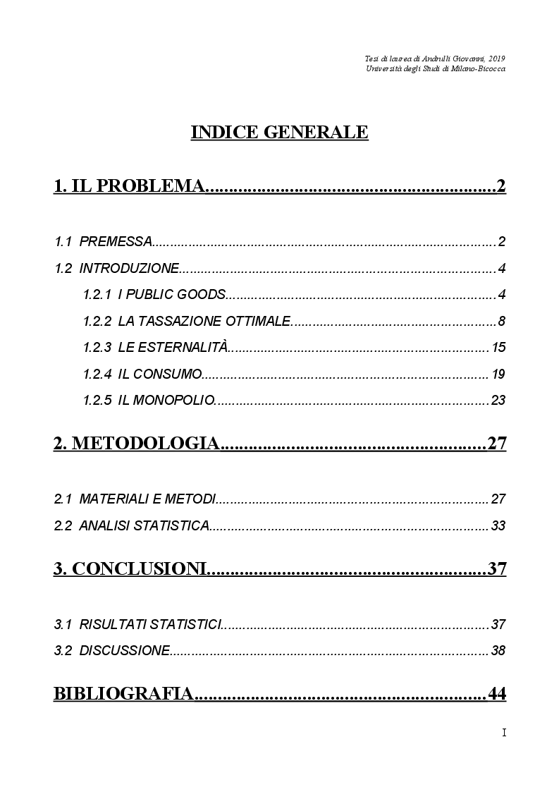 Indice della tesi: La tassazione italiana del tabacco: un'analisi empirica, Pagina 1