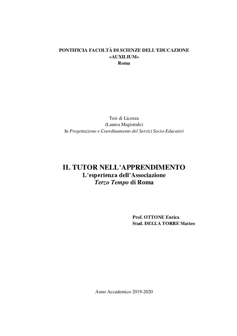 Anteprima della tesi: Il tutor nell'apprendimento. L'esperienza dell'Associazione Terzo Tempo di Roma, Pagina 1