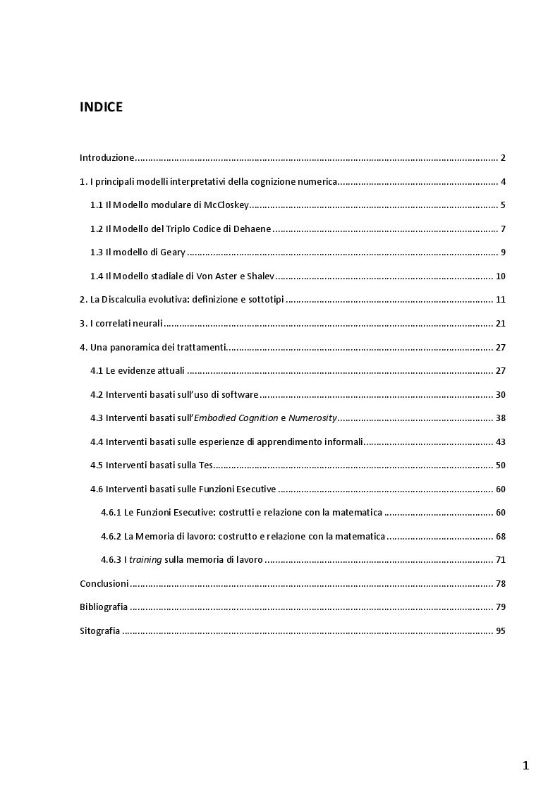 Indice della tesi: Discalculia evolutiva: panoramica sulle modalità di riabilitazione, Pagina 1