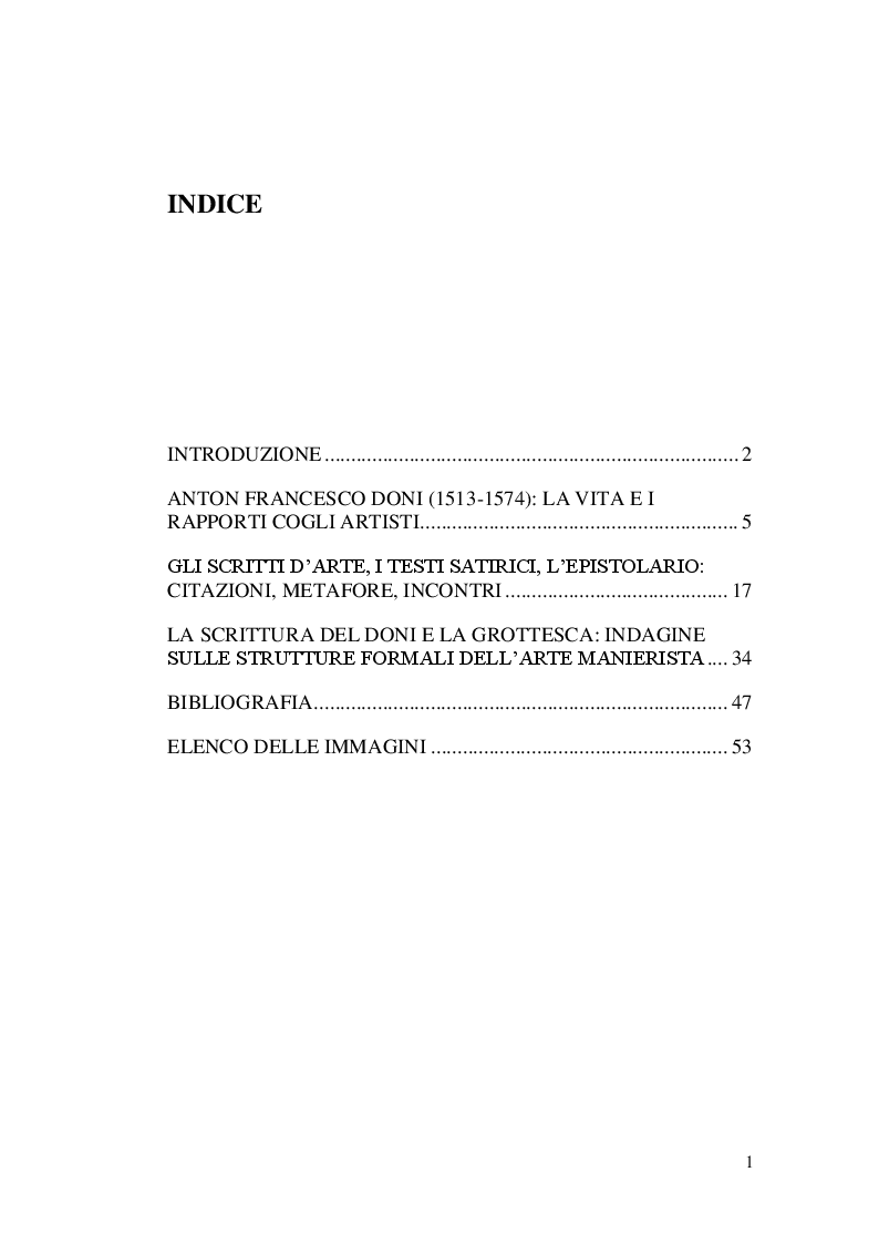 Indice della tesi: “Un poeta pittor di grottesche”. Il ‘paragone’ fra arti e letteratura negli scritti di Anton Francesco Doni, Pagina 1
