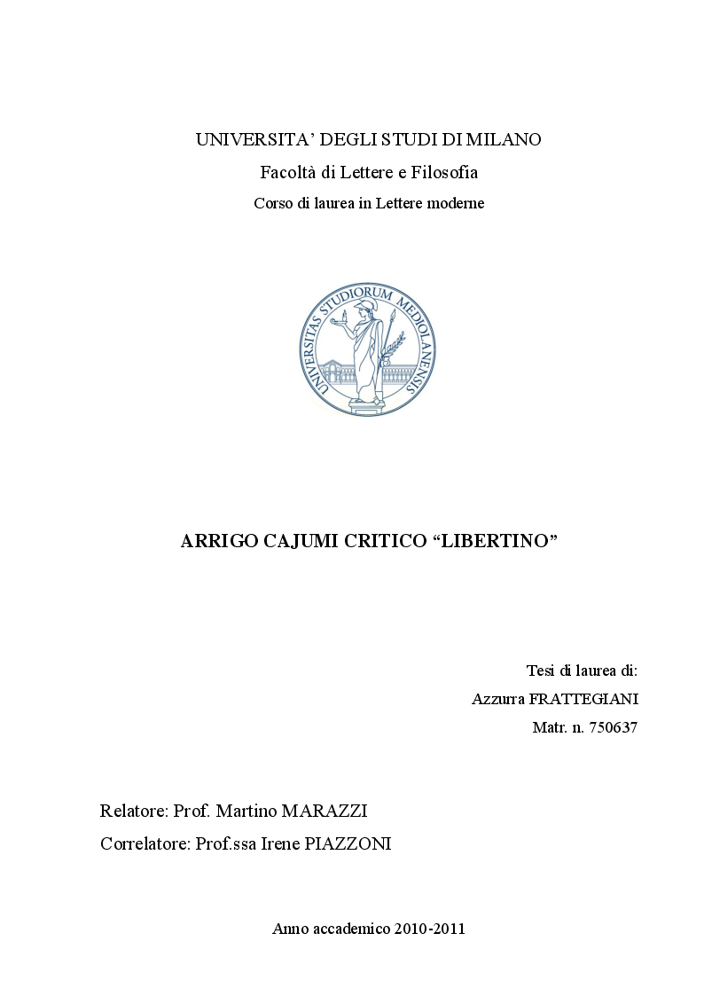 Anteprima della tesi: Arrigo Cajumi critico ''libertino'', Pagina 1