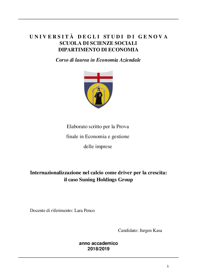 Anteprima della tesi: Internazionalizzazione nel calcio come driver per la crescita: il caso Suning Holdings Group, Pagina 1