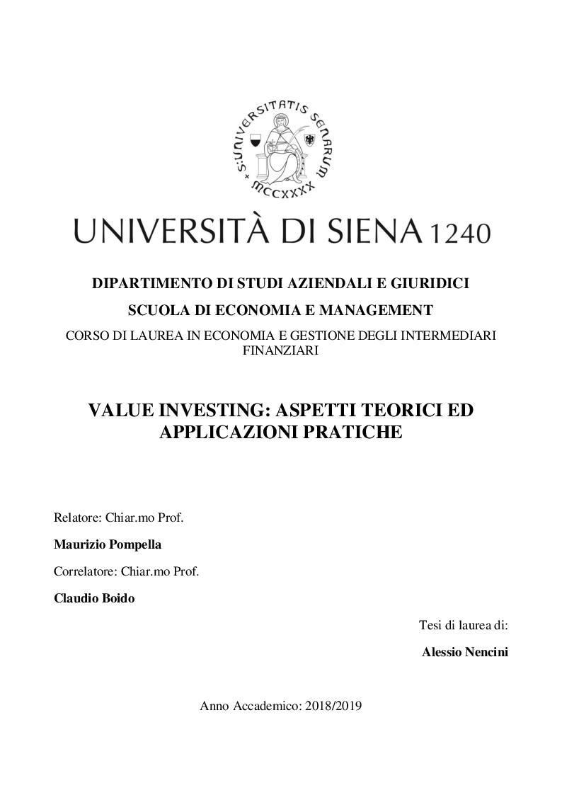 Anteprima della tesi: Value investing; aspetti teorici ed applicazioni pratiche, Pagina 1