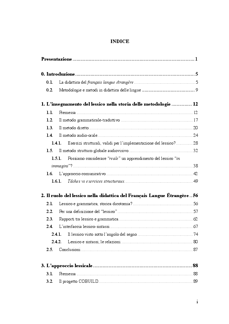 Indice della tesi: La didattica del Lessico Francese Lingua Straniera, Pagina 1