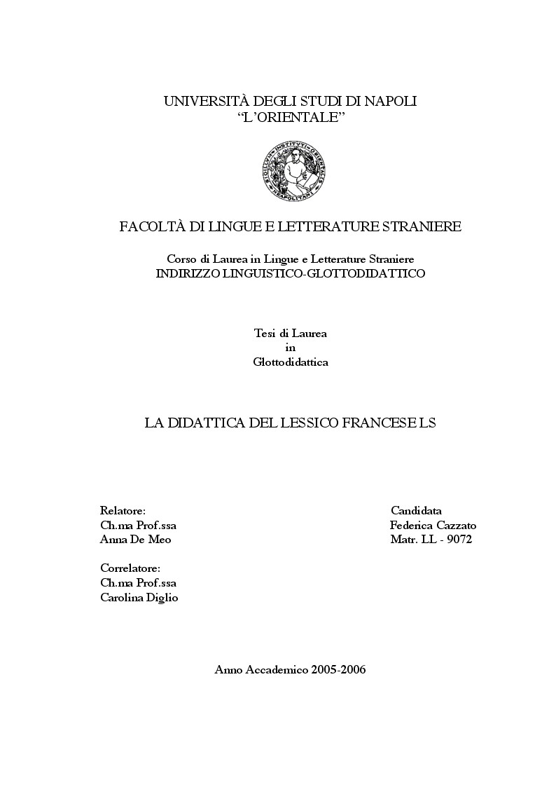 Anteprima della tesi: La didattica del Lessico Francese Lingua Straniera, Pagina 1