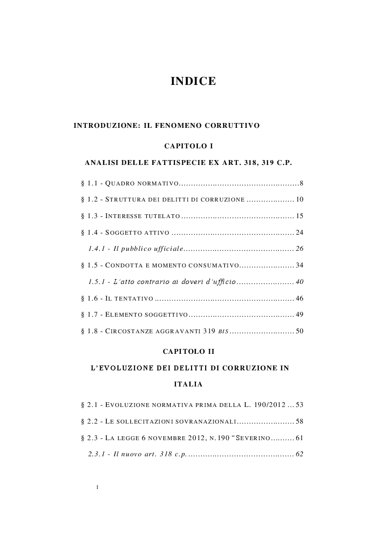 Indice della tesi: I delitti di corruzione nell'ordinamento italiano, Pagina 1