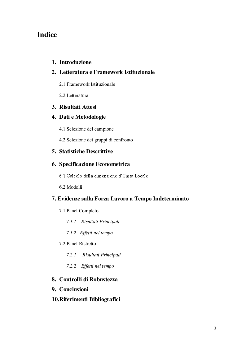 Indice della tesi: Valutazione d’impatto della riduzione di EPL sulla composizione della forza lavoro: evidenza dall’Italia, Pagina 1