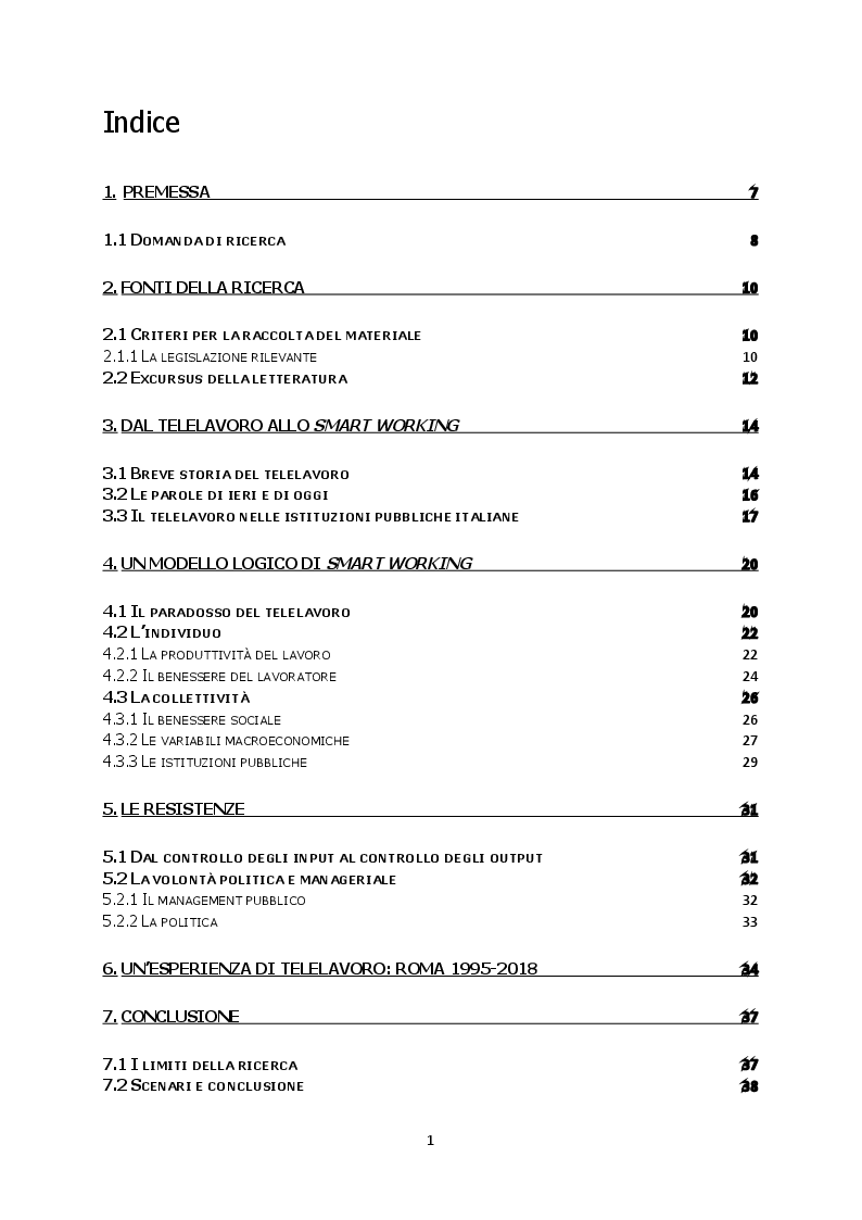 Indice della tesi: Pubblica Amministrazione e Lavoro Intelligente tra Benefici e Resistenze: dal Telelavoro allo Smart Working, Pagina 1