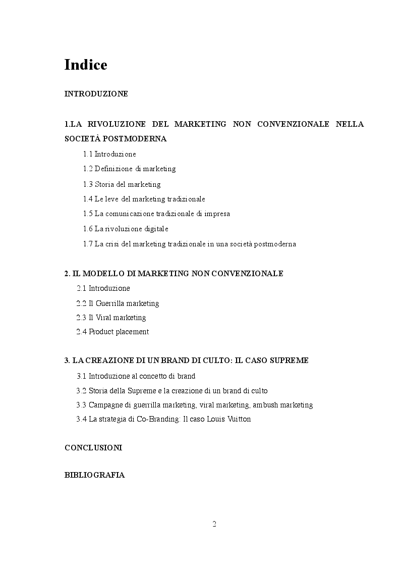 Indice della tesi: La rivoluzione del marketing non convenzionale: il caso Supreme, Pagina 1
