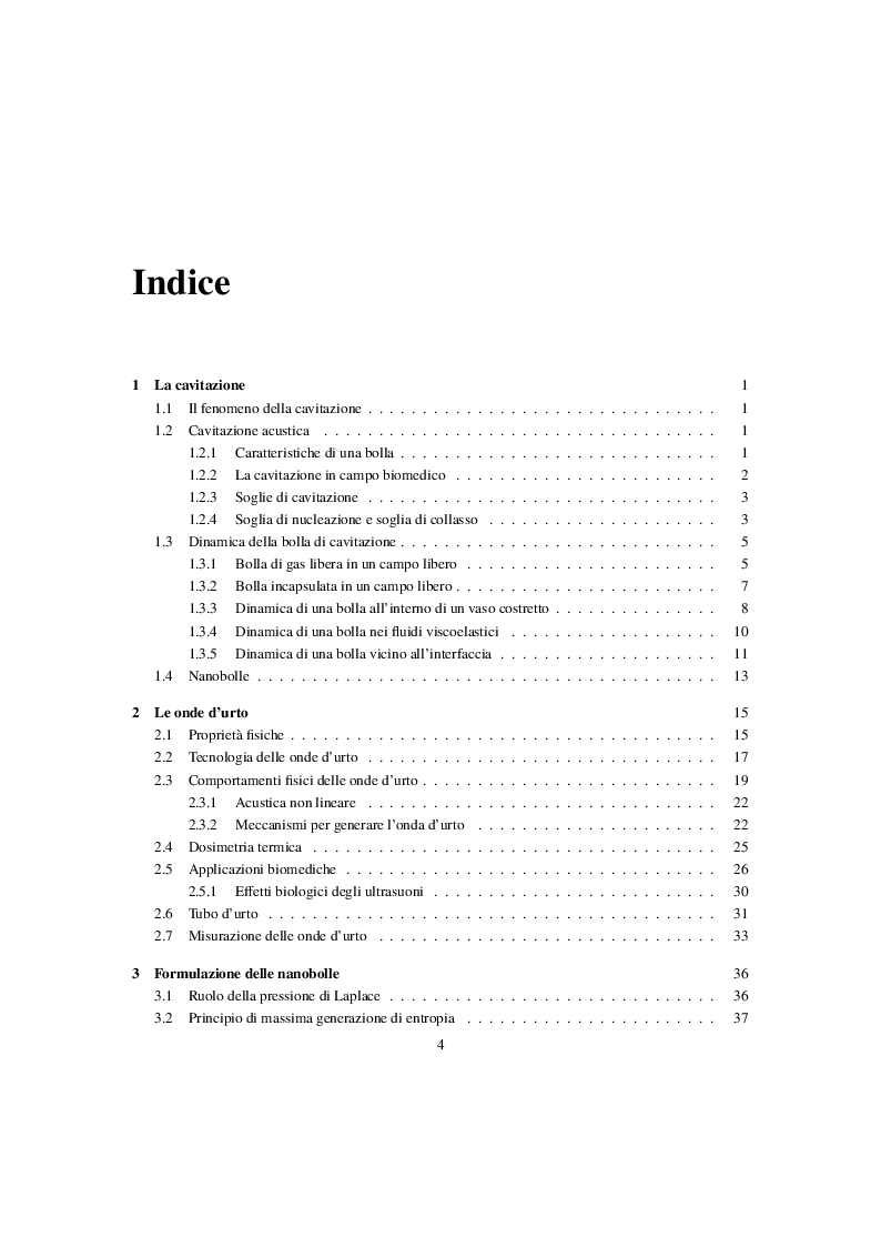 Indice della tesi: Interazione onde d'urto e nanobolle nella cavitazione farmaceutica, Pagina 1