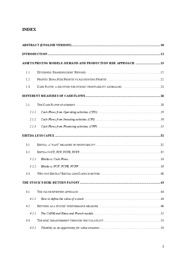 Indice della tesi: Stock returns and Cash Flows: a new asset pricing approach, Pagina 1