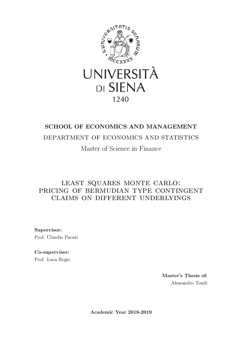 Anteprima della tesi: Least Squares Monte Carlo: Pricing of Bermudian Type Contingent Claims on Different Underlyings, Pagina 1