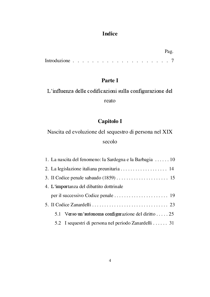 Indice della tesi: Genesi ed evoluzione del sequestro di persona tra ‘800 e ‘900, Pagina 1