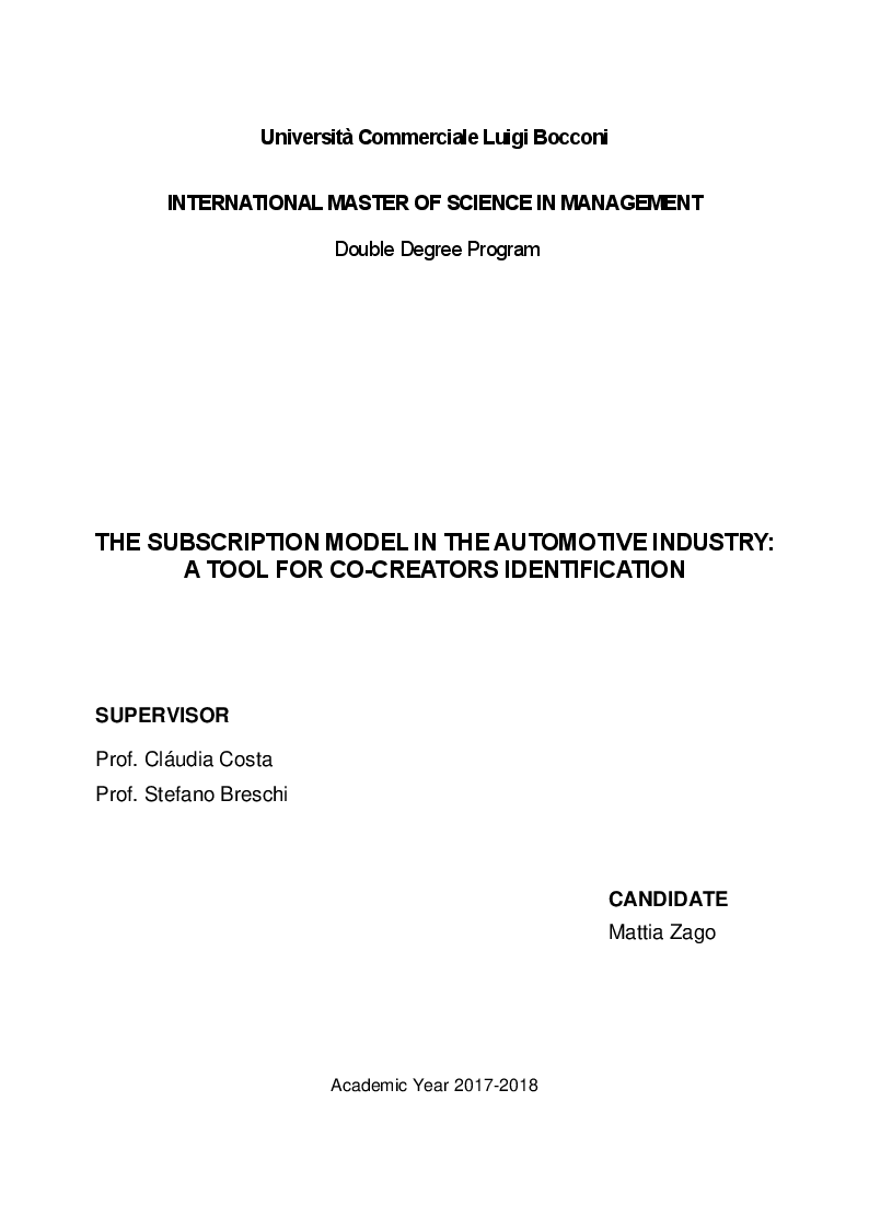 Anteprima della tesi: The subscription model in the automotive industry: a tool for co-creators identification, Pagina 1