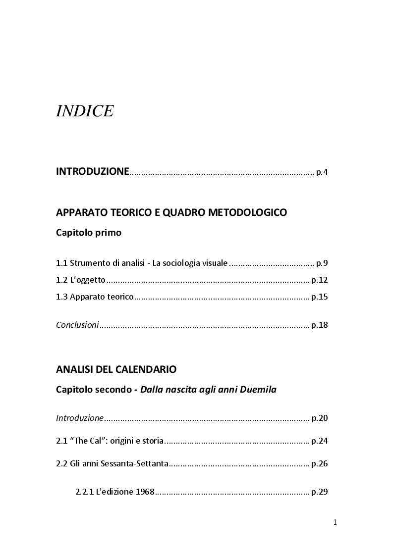 Indice della tesi: L'evoluzione della rappresentazione di genere: il caso Calendario Pirelli. Un approccio di sociologia visuale., Pagina 1