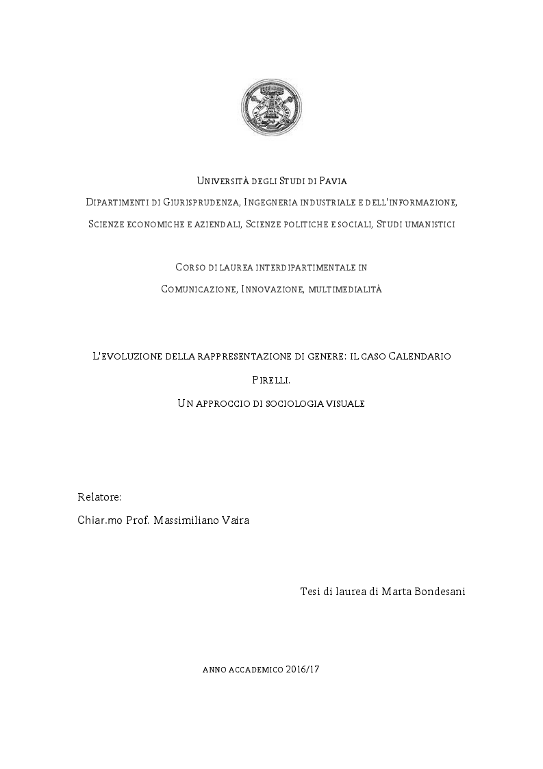 Anteprima della tesi: L'evoluzione della rappresentazione di genere: il caso Calendario Pirelli. Un approccio di sociologia visuale., Pagina 1