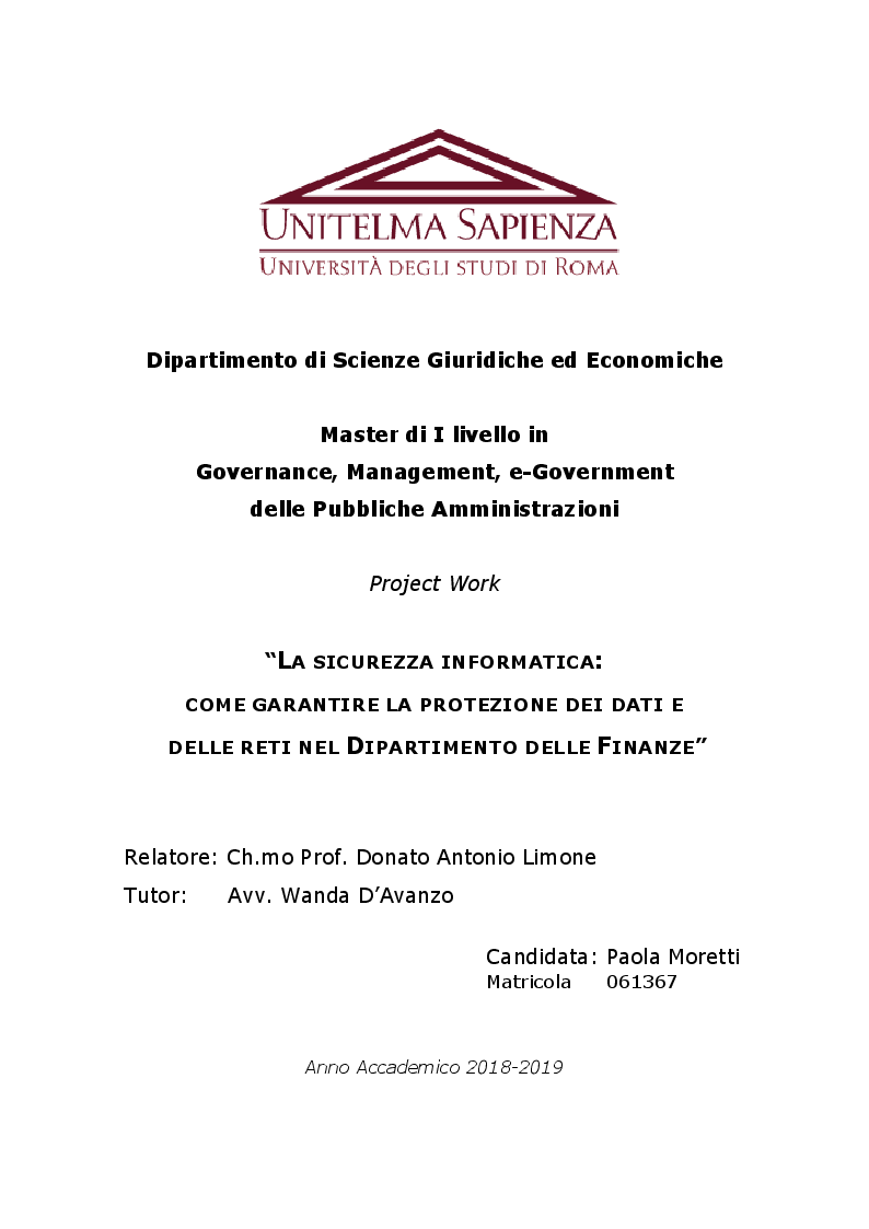 Anteprima della tesi: La sicurezza informatica: come garantire la protezione dei dati e delle reti nel Dipartimento delle Finanze, Pagina 1