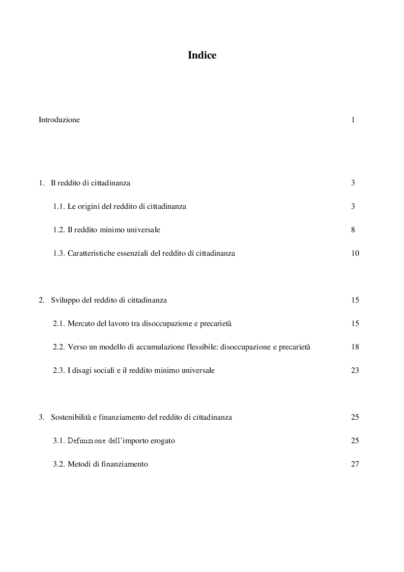 Indice della tesi: Sviluppo, sostenibilità finanziaria ed esperienza italiana del Reddito di Cittadinanza, Pagina 1