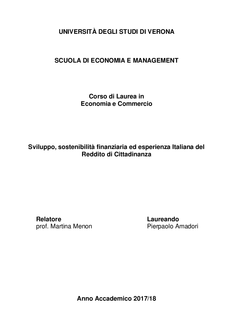 Anteprima della tesi: Sviluppo, sostenibilità finanziaria ed esperienza italiana del Reddito di Cittadinanza, Pagina 1