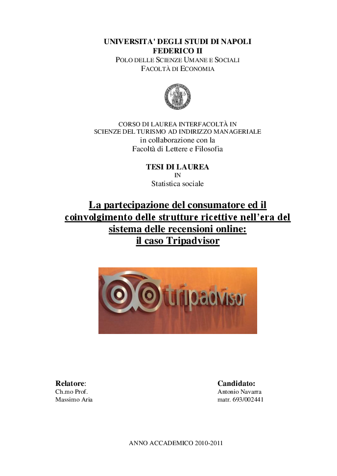 Anteprima della tesi: La partecipazione del consumatore ed il coinvolgimento delle strutture ricettive nell’era del sistema delle recensioni online: il caso Tripadvisor, Pagina 1