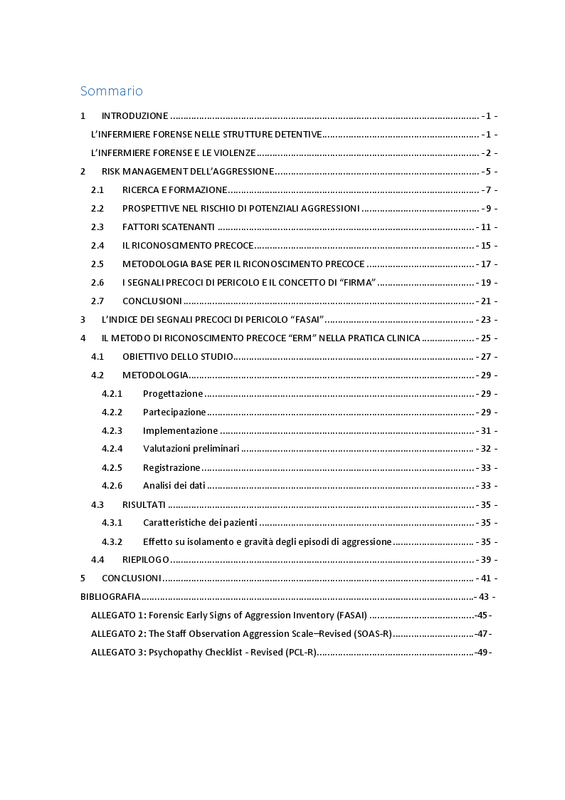 Indice della tesi: Aggressione e violenze: valutazione, prevenzione e gestione degli episodi violenti in psichiatria criminale., Pagina 1