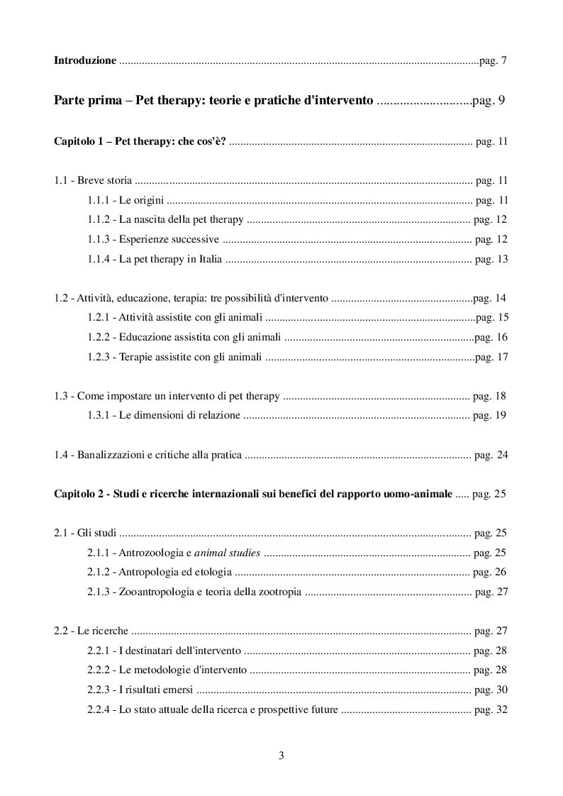 Indice della tesi: Le attività con gli animali in contesti educativi. Lo stato attuale della ricerca e prospettive future, Pagina 1