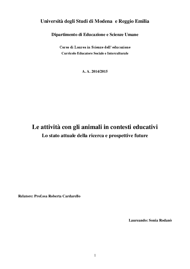 Anteprima della tesi: Le attività con gli animali in contesti educativi. Lo stato attuale della ricerca e prospettive future, Pagina 1