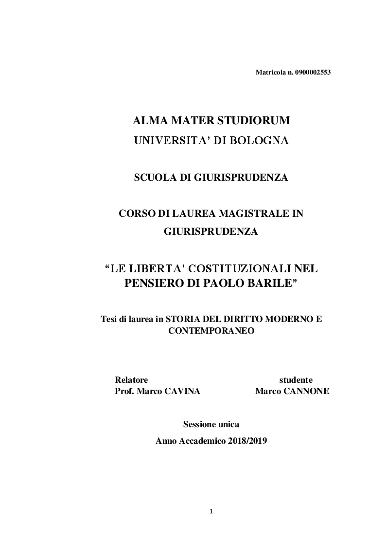 Anteprima della tesi: Le libertà costituzionali nel pensiero di Paolo Barile, Pagina 1