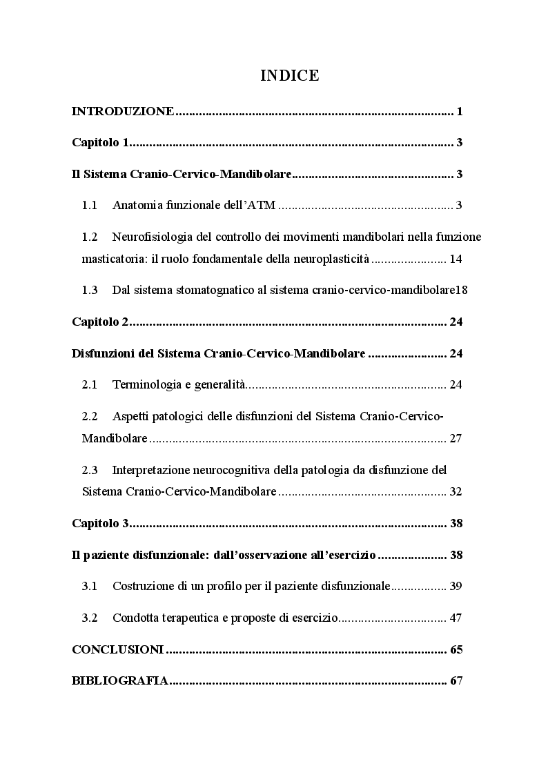 Indice della tesi: L'esercizio neurocognitivo nelle disfunzioni del sistema cranio-cervico-mandibolare: un'ipotesi di condotta terapeutica, Pagina 1