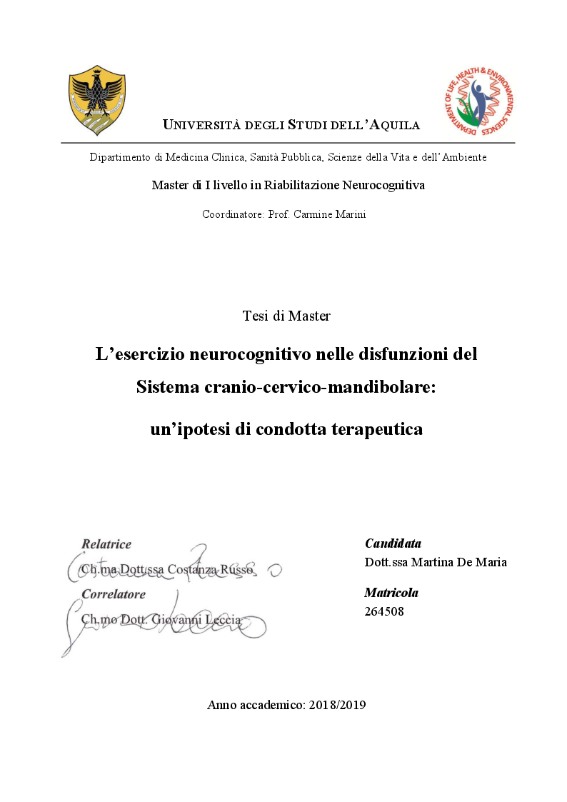 Anteprima della tesi: L'esercizio neurocognitivo nelle disfunzioni del sistema cranio-cervico-mandibolare: un'ipotesi di condotta terapeutica, Pagina 1