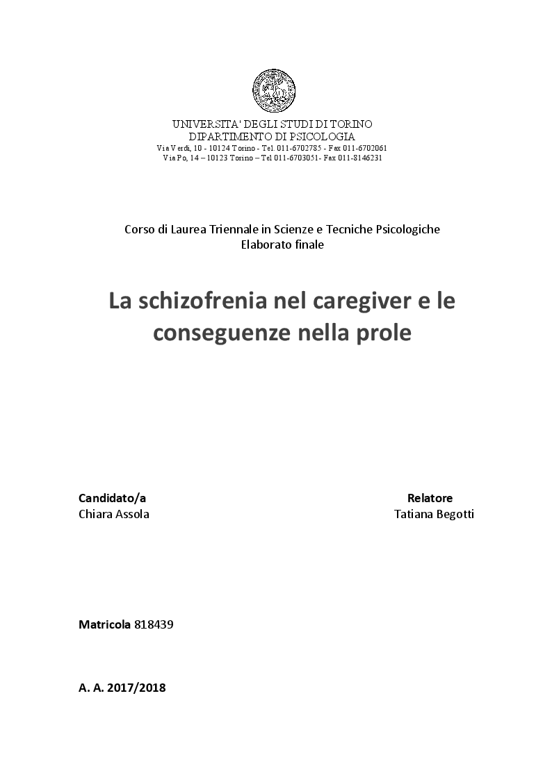 Anteprima della tesi: La schizofrenia nel caregiver e le conseguenze nella prole, Pagina 1