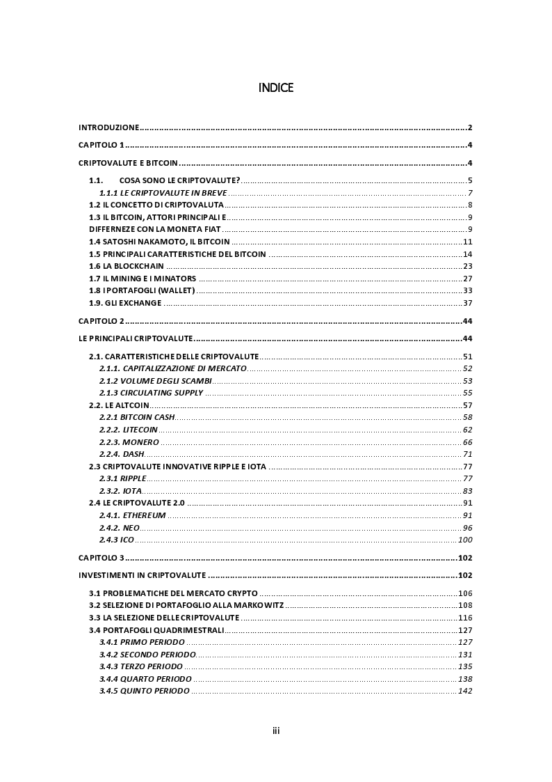 Indice della tesi: Investimenti in Criptovalute, Pagina 1