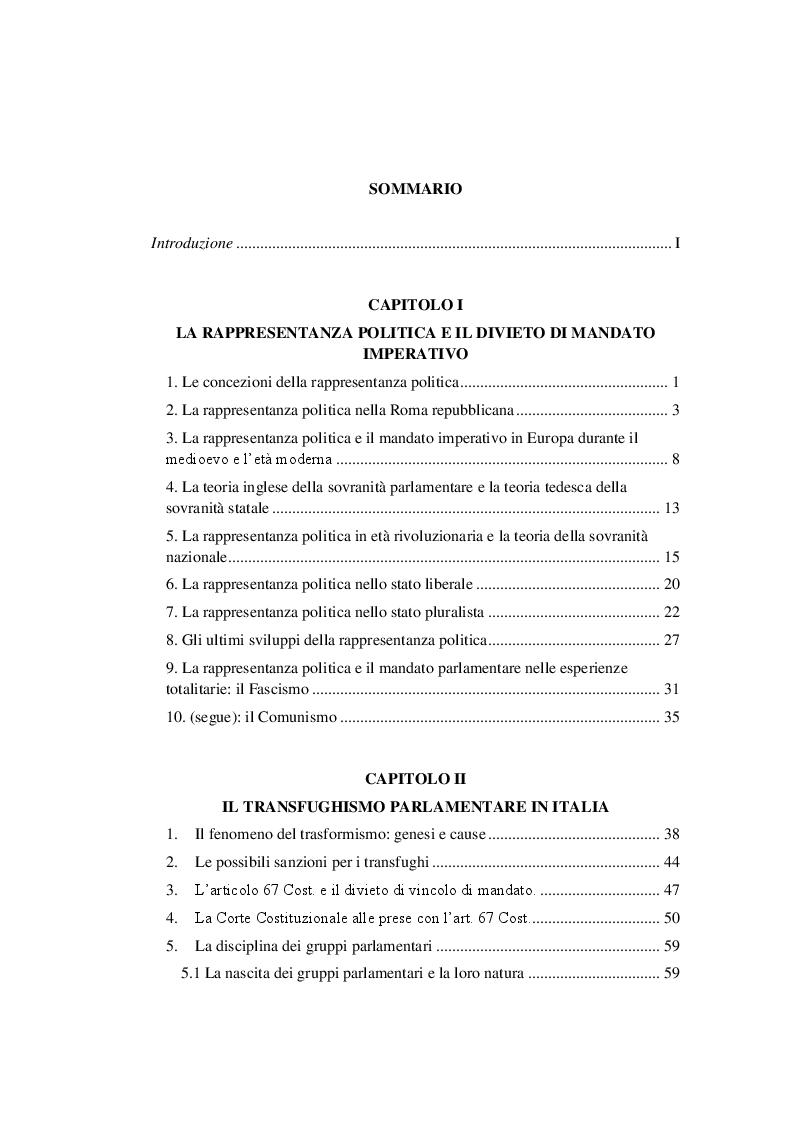 Indice della tesi: Il mandato parlamentare: il transfughismo politico e le anti-defection law nel mondo, Pagina 1