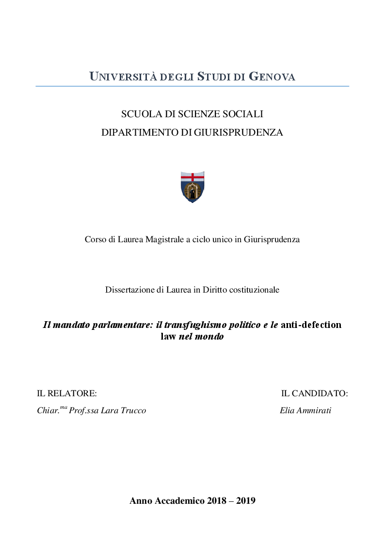 Anteprima della tesi: Il mandato parlamentare: il transfughismo politico e le anti-defection law nel mondo, Pagina 1