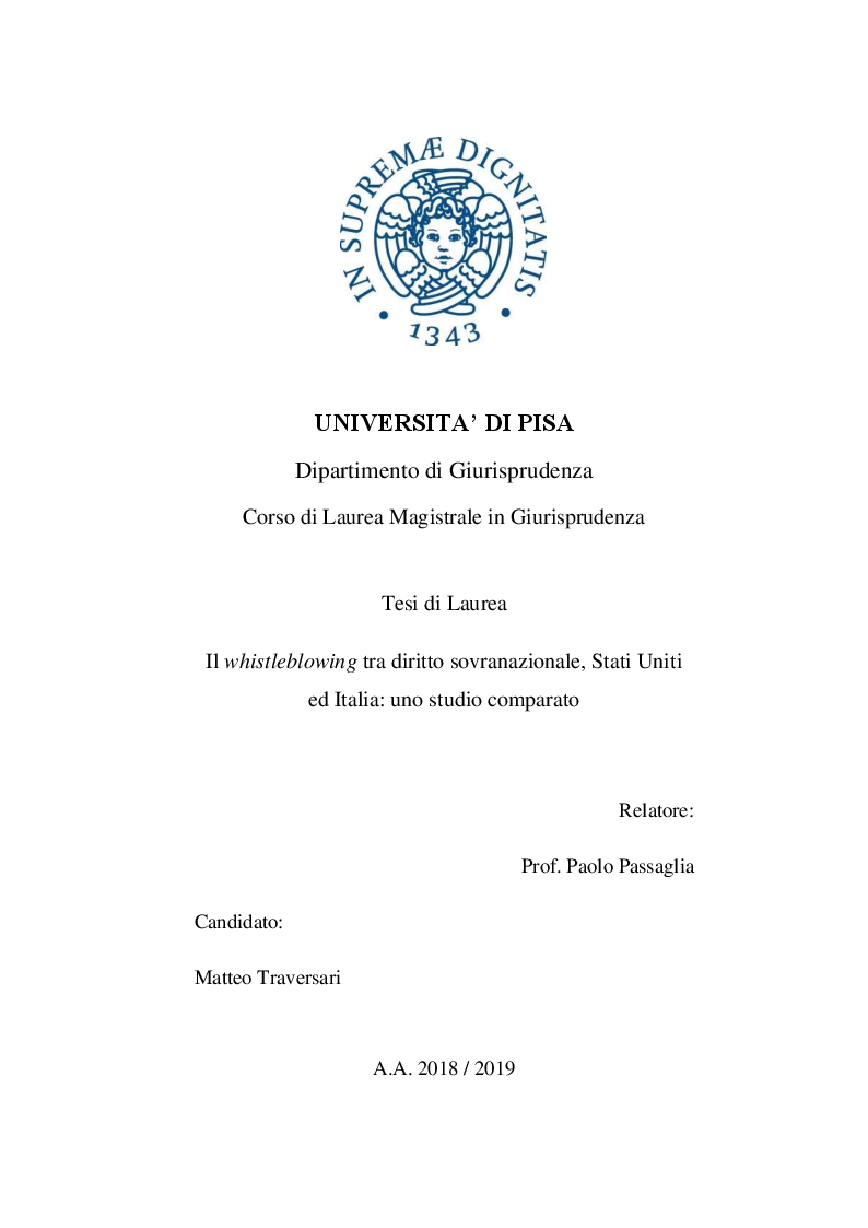 Anteprima della tesi: Il whistleblowing tra diritto sovranazionale, Stati Uniti ed Italia: uno studio comparato, Pagina 1