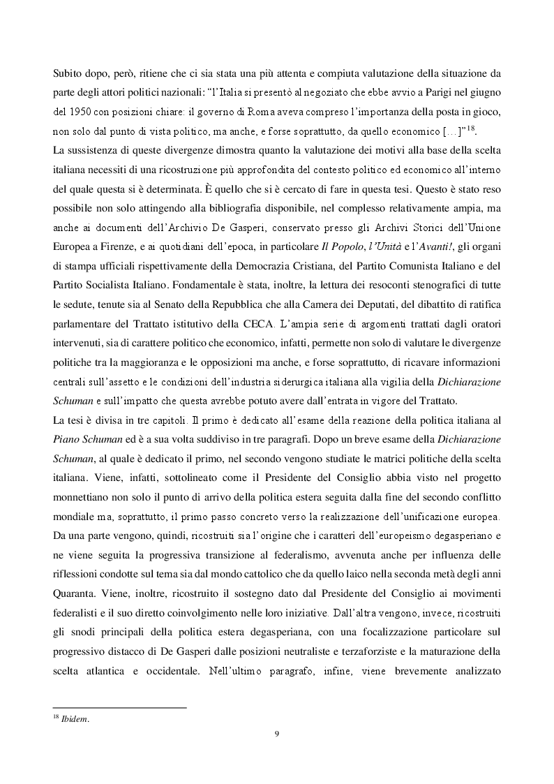 Anteprima della tesi: Tra idealismo e pragmatismo. Le matrici politiche ed economiche della partecipazione italiana alla Comunità Europea del Carbone e dell'Acciaio, Pagina 6