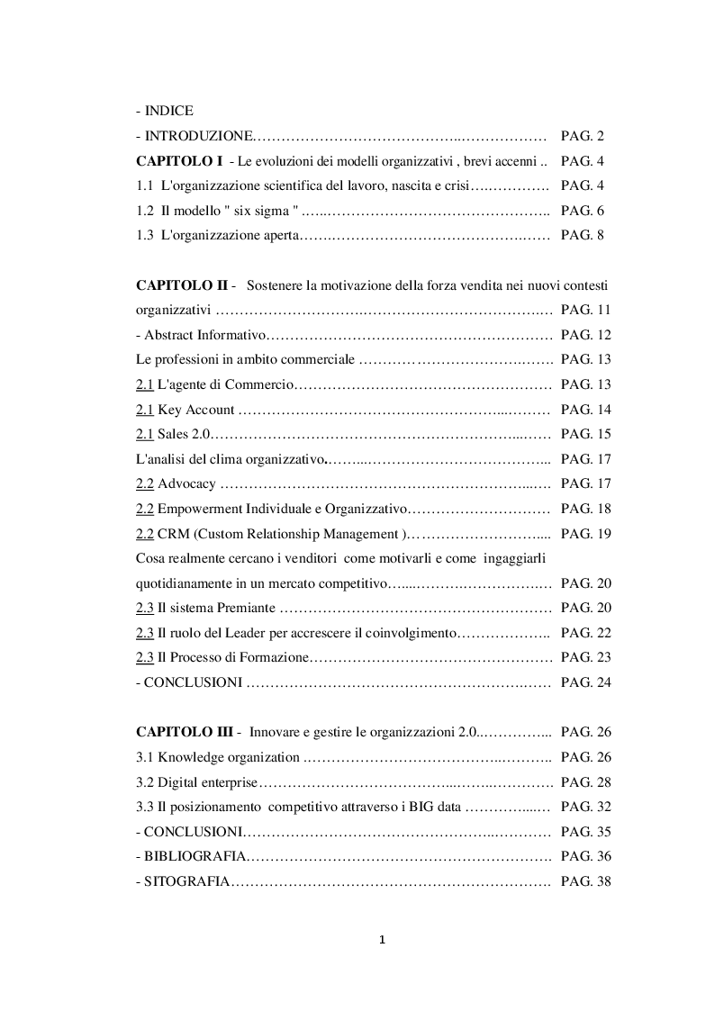 Indice della tesi: Nuovi Modelli Organizzativi. Sviluppo delle Competenze e strategie di Vantaggio Competitivo, Pagina 1